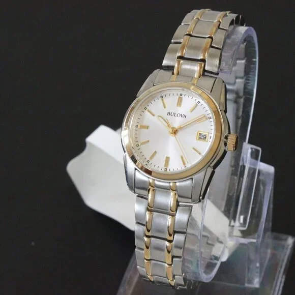 Bulova Women's Quartz Watch Two-Tone Case Silver Sunray Dial Date 26mm - Picture 4 of 13